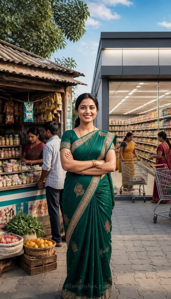 Indian woman proudly standing in front of her successful grocery store