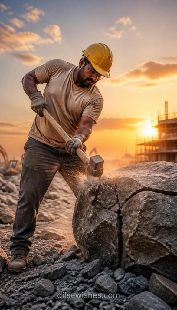 hardworking Indian laborer breaking a massive rock
