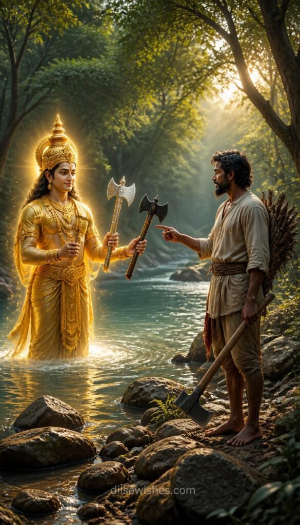 honest Indian woodcutter standing beside a peaceful forest